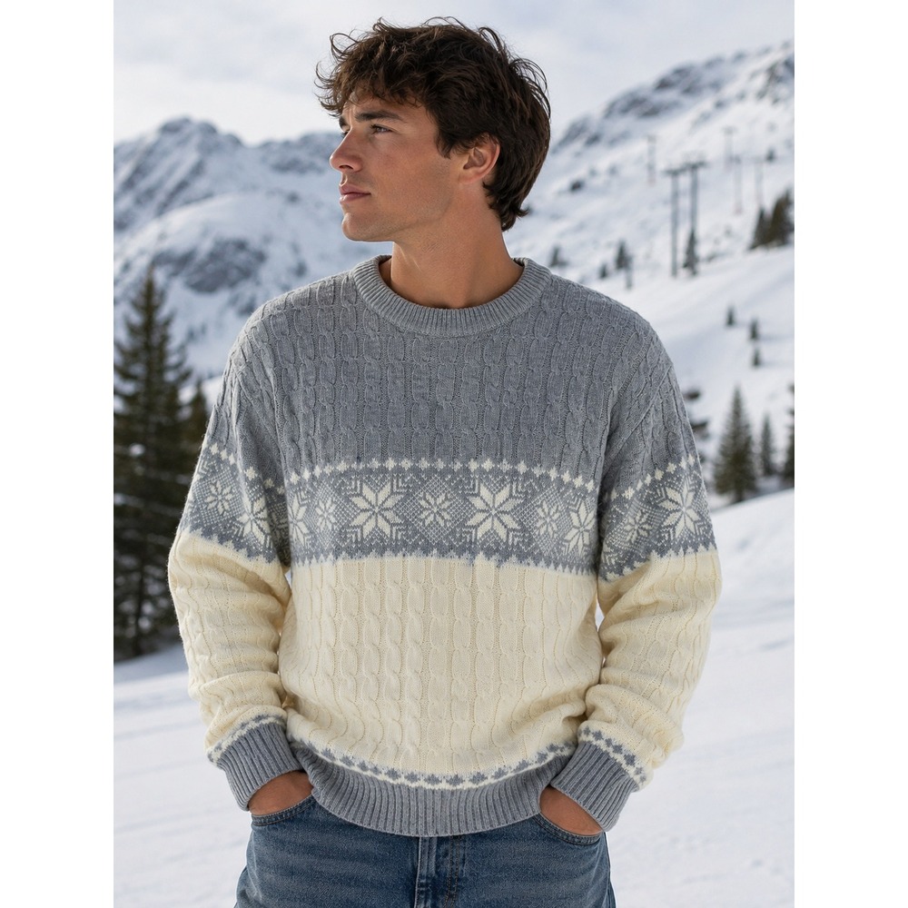 Nordic Cable Knit Snowflake Ski Sweater Gray XL Fisherman Steep Slopes